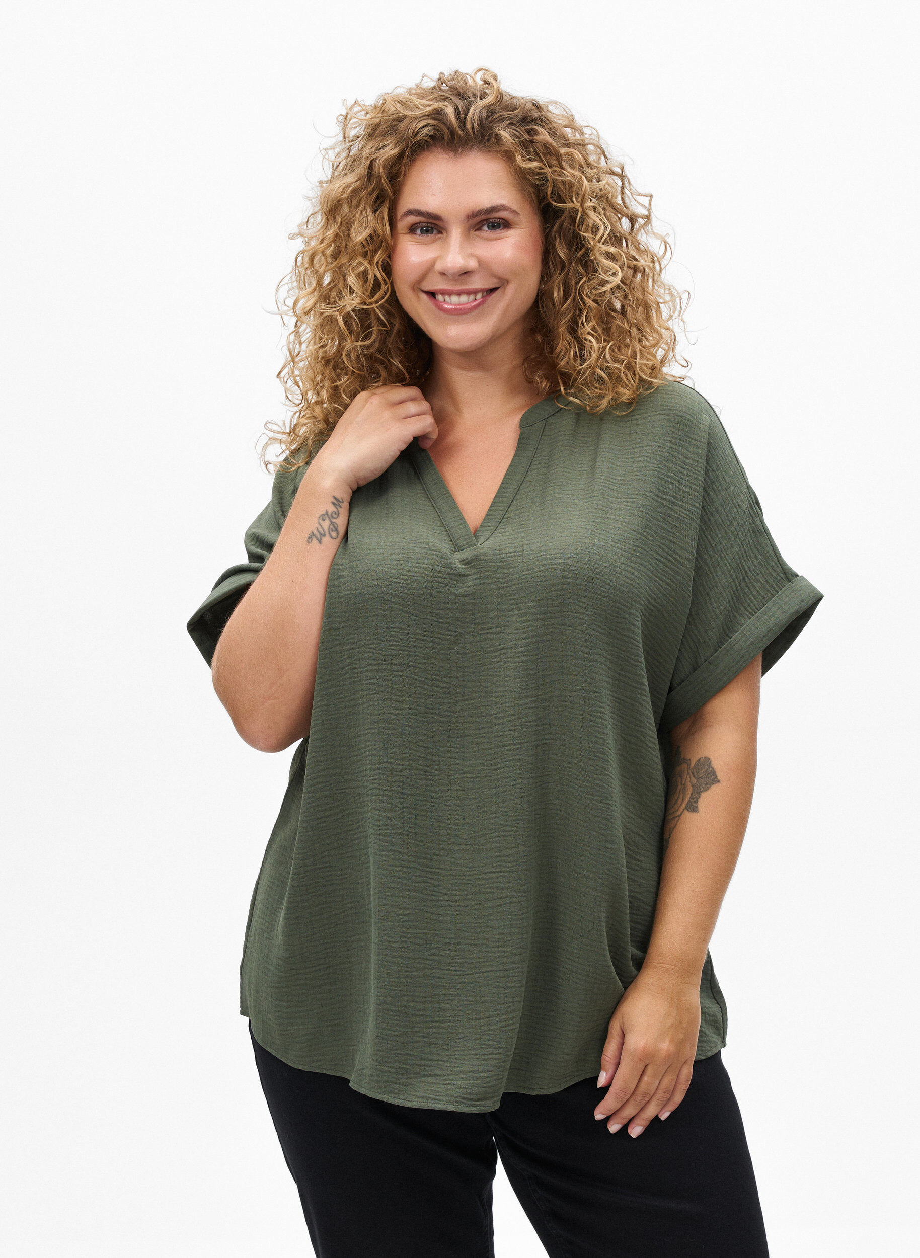 L&oslash;s bluse med korte ermer, Gr&oslash;nn, Model