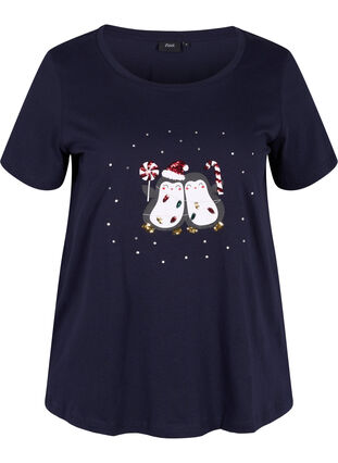 T-skjorte med julemotiv i bomull, Navy Blazer Penguin, Packshot image number 0
