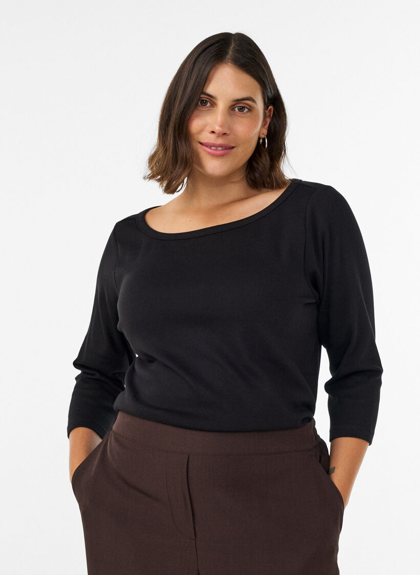 Basis-T-skjorte med b&aring;thals og 3/4-ermer, Svart, Model image number 0