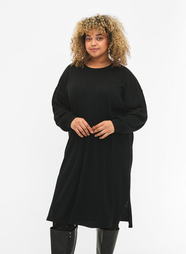 Oversized strikkekjole med splitt, Black, Model image number 2