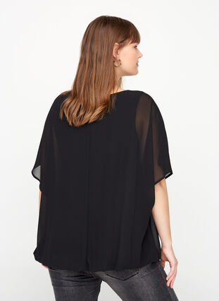 Kort bluse med løse mesh ermer, Black, Model image number 1