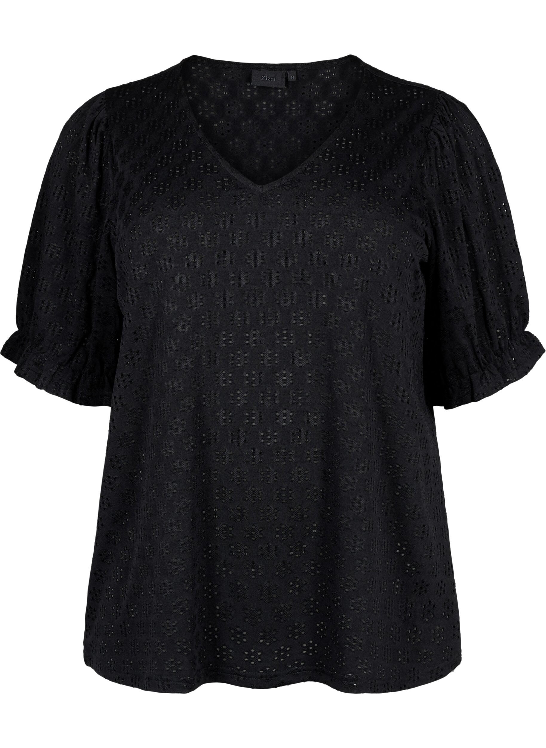 Zizzi Bluse med V-hals og hullm&oslash;nster, Black, Packshot image number 0