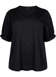 Bluse med V-hals og hullmønster, Black