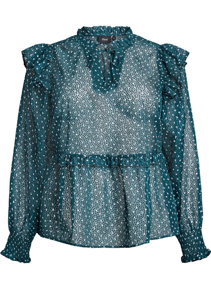 Chiffonbluse med volangdetaljer og små prikker, Grønn, Packshot image number 0
