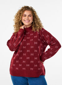 Mønstret strikket topp med høy hals, Mørk Bordeaux Mønstret strikket topp med høy hals, Mørk Bordeaux, Model