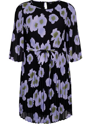 Trykt plisseringskjole med knytebånd, Black w. Floral, Packshot image number 0