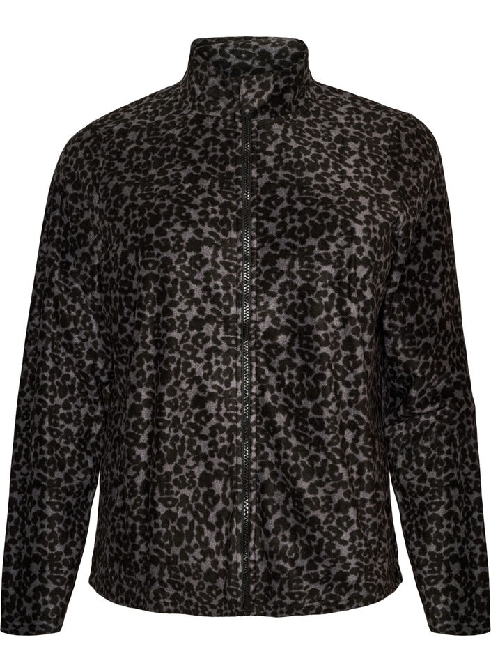 Fleecejakke med leopardm&oslash;nster og h&oslash;y krage, Svart, Packshot image number 0