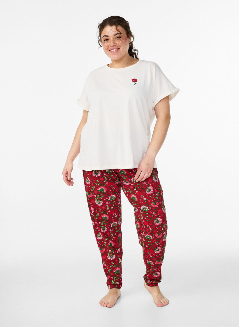 Bomulls pyjamasbukser med trykk, R&oslash;d, Model image number 0