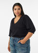 Kortermet strikkebluse med pointellem&oslash;nster, Svart, Model image number 0