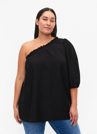 Zizzi One-shoulder bluse i viskose, Svart, Model image number 0