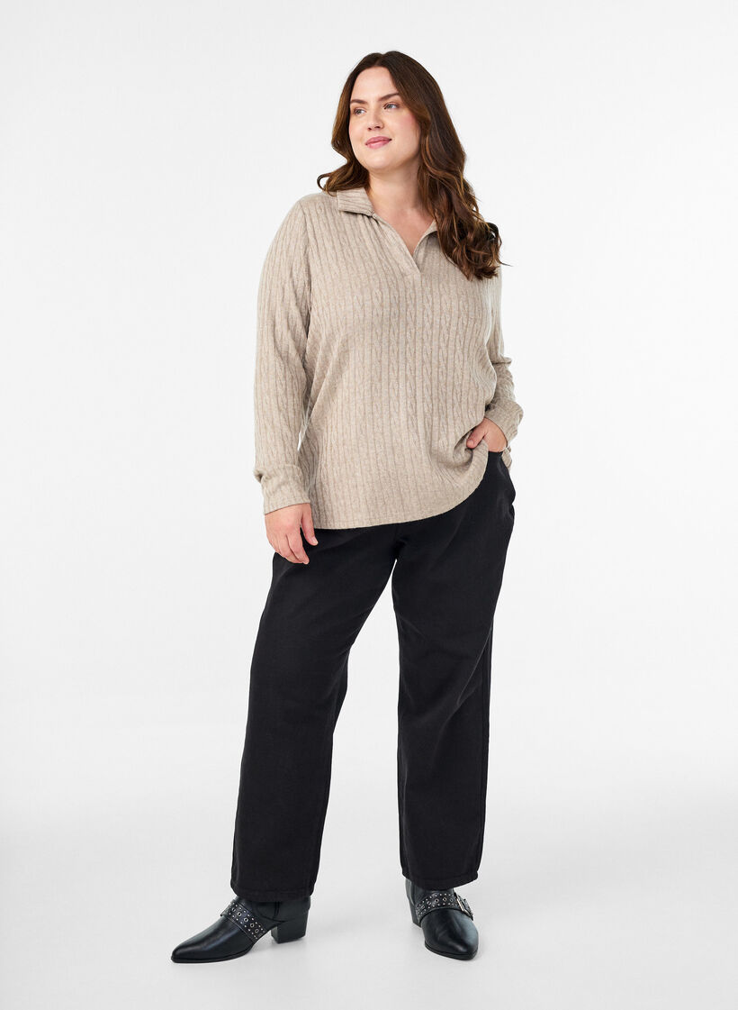 Strikkebluse med krage og flettemønster, Beige, Model image number 1