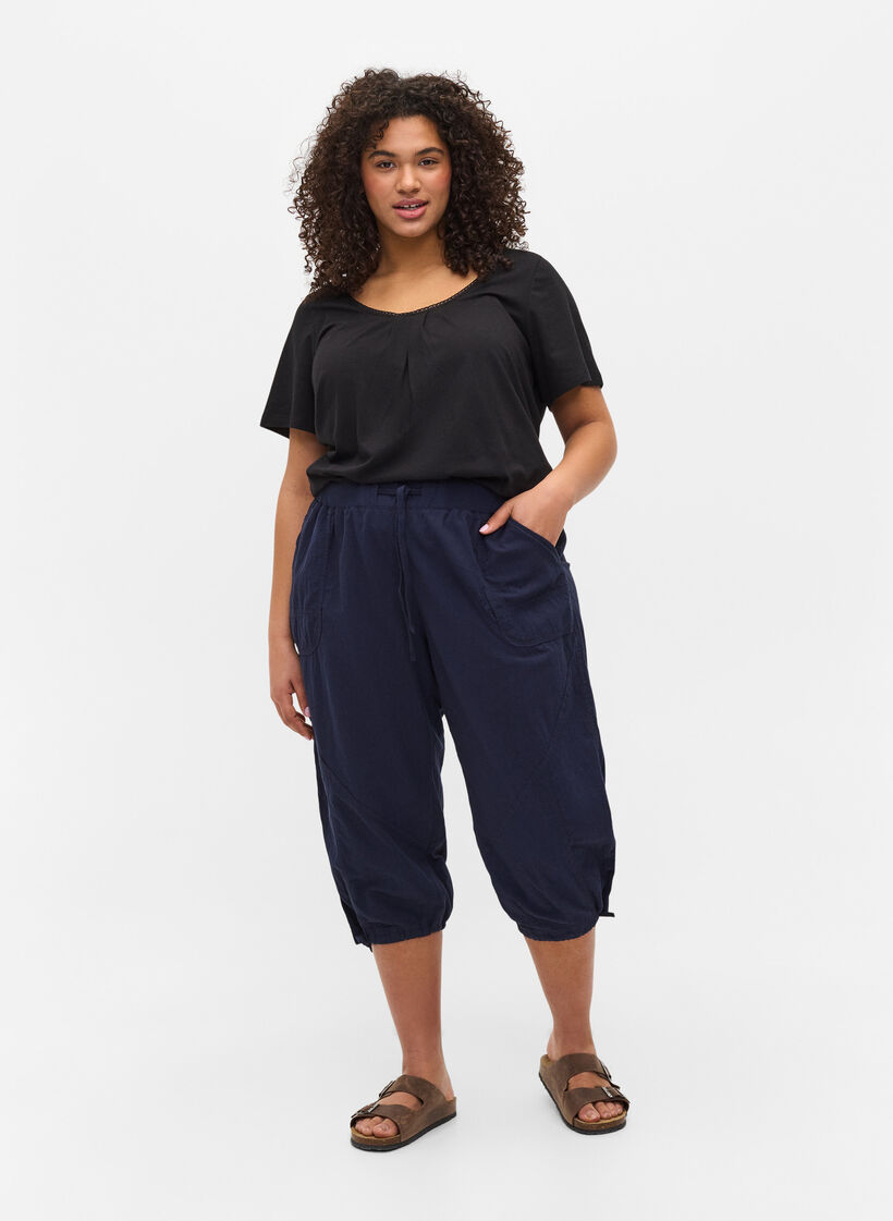 Løse capribukser i bomull, Blå, Model image number 0