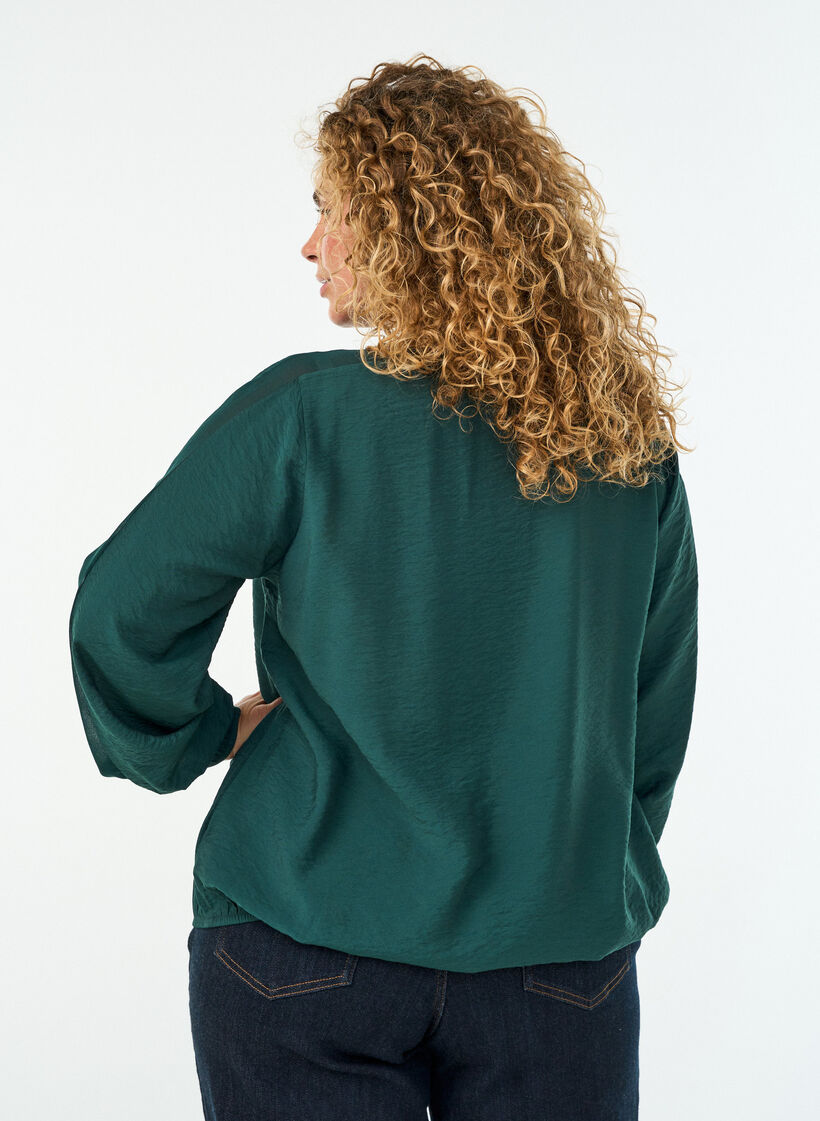 Bluse med ballongeffekt og chiffon-detaljer, Gr&oslash;nn, Model image number 2