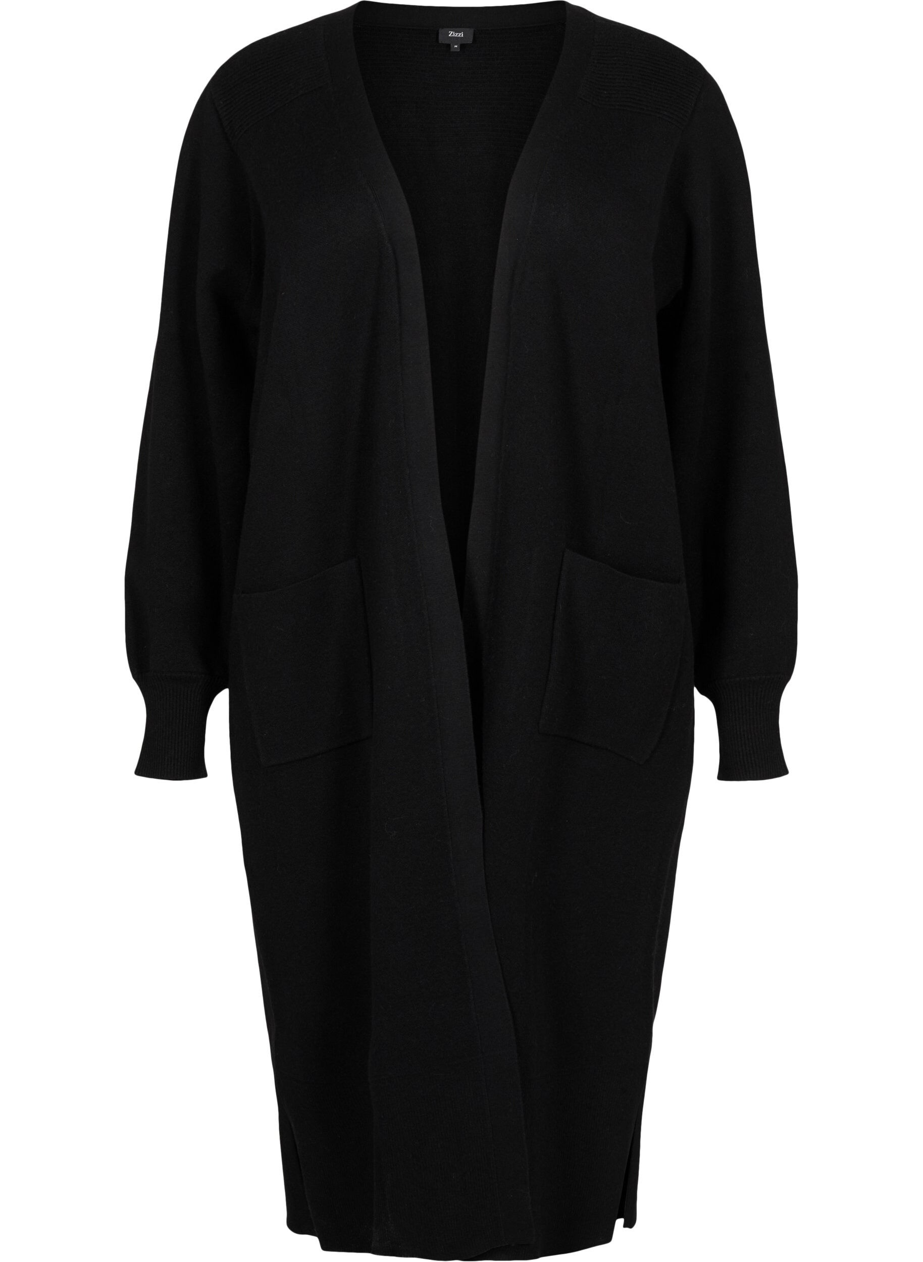 Zizzi Lang strikket cardigan med lommer, Black, Packshot image number 0