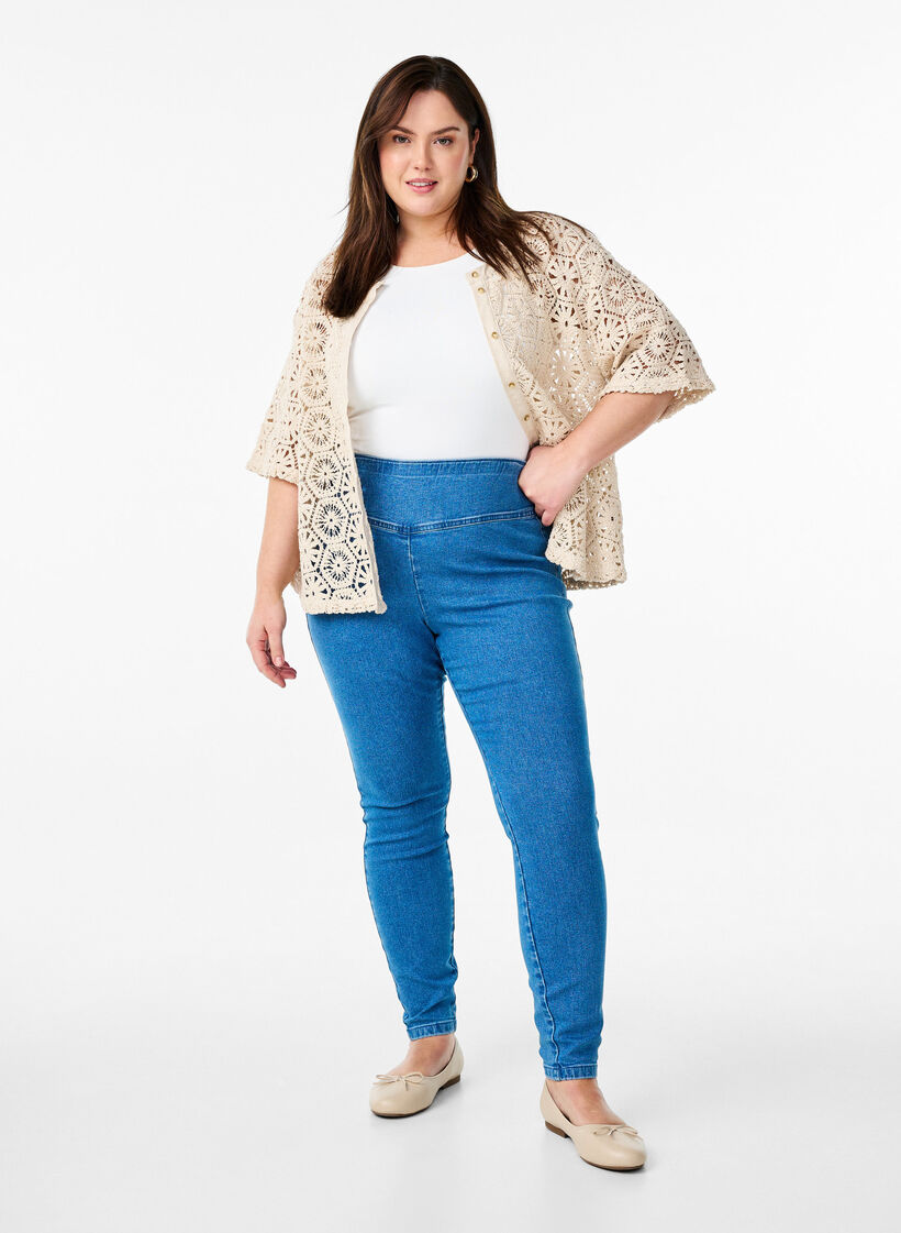 Elastiske jeggings med høy midje, Blå, Model image number 0