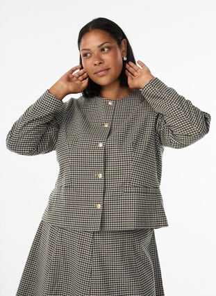 Zizzi Klassisk rutete blazer med gullknapper, Check brown, Model image number 0