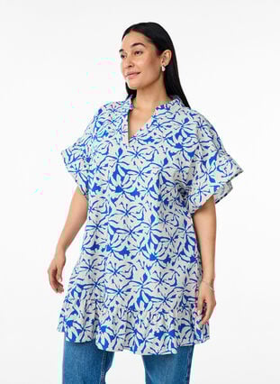Zizzi Tunika med V-hals og rysjedetaljer, Blå, Model image number 0