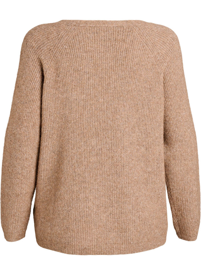 Strikkebluse med V-hals og raglanermer, Brun, Packshot image number 1