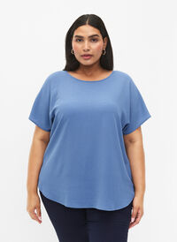 Bluse med korte ermer og rund hals, Moonlight Blue, Model