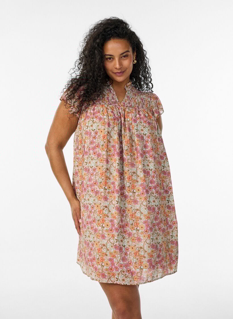 Kort kjole i viskose med smocking og blomstertrykk, Orange, Model image number 0