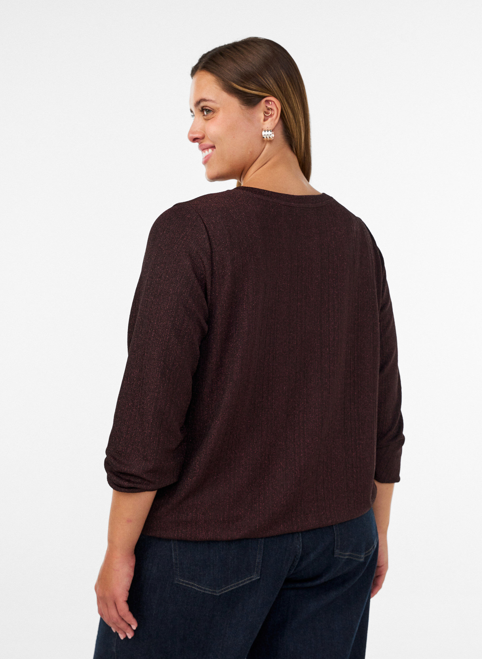 ZizziBluse med vertikal struktur og glittertr&aring;d, Brun, Model image number 2