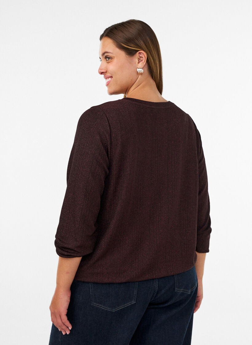 Bluse med vertikal struktur og glittertr&aring;d, Brun, Model image number 2