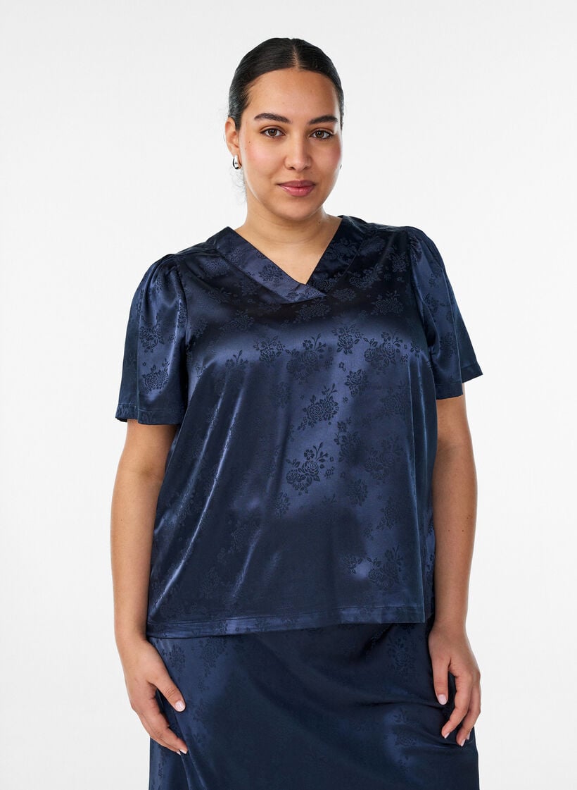 Satinbluse med blomstertrykk og V-hals, Bl&aring;, Model image number 0