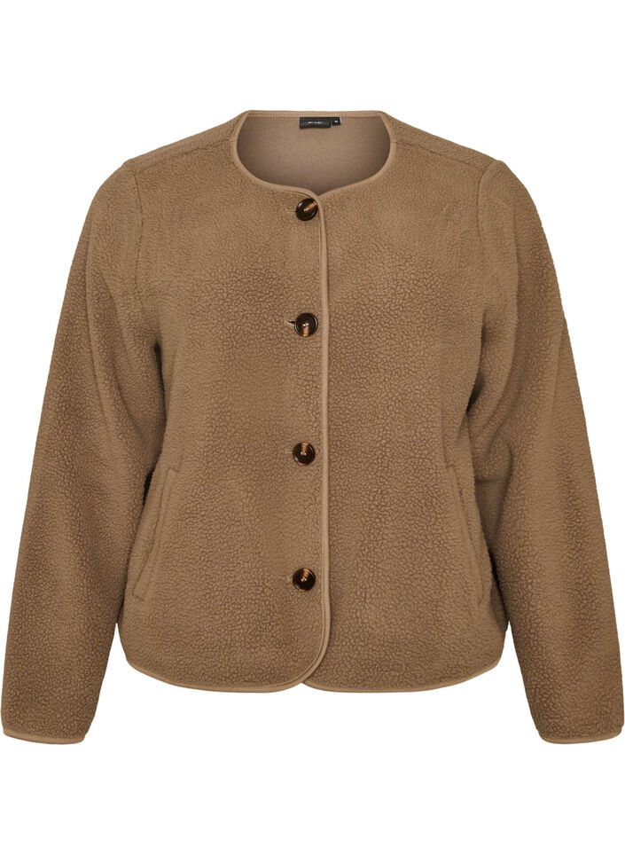 Teddyjakke med rund hals og knapper, Brun, Packshot image number 0