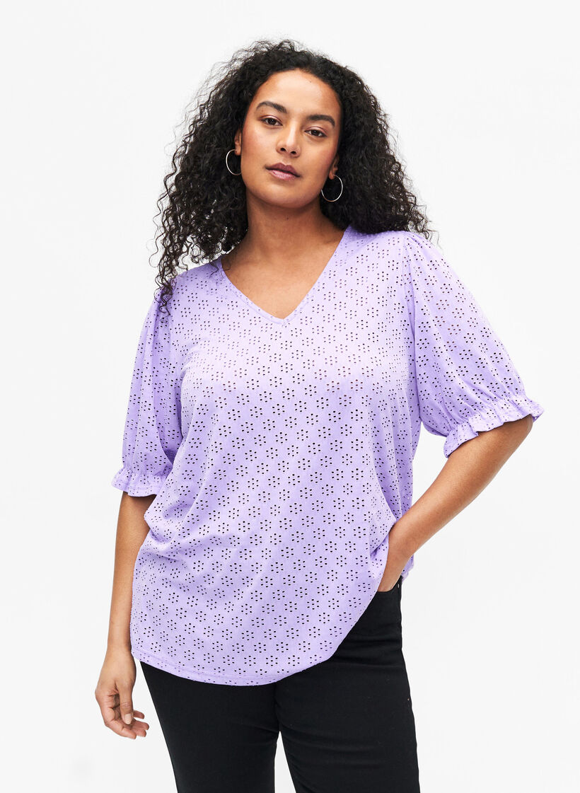 Bluse med V-hals og hullmønster, Viola, Model image number 0