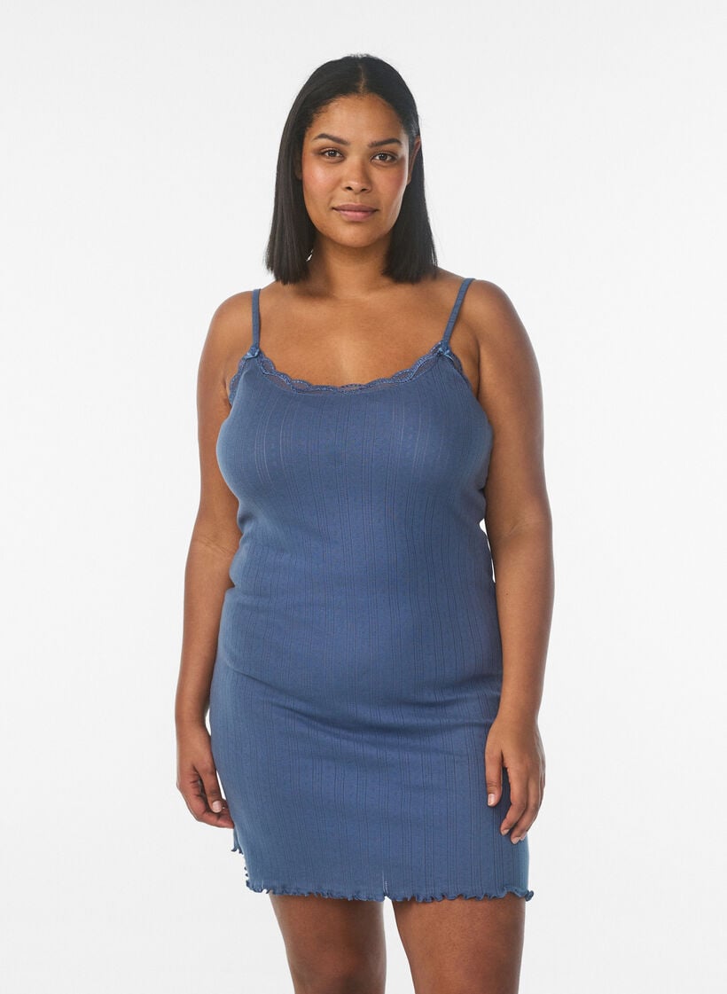 Nattkjole med tynne stropper og teksturert m&oslash;nster, Bl&aring;, Model image number 0