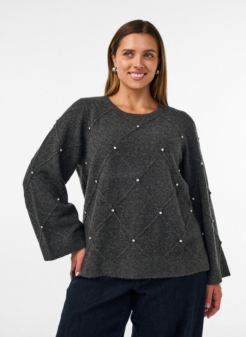 Strikkebluse med rhinesteiner og diamantm&oslash;nster, Gr&aring;, Model image number 0