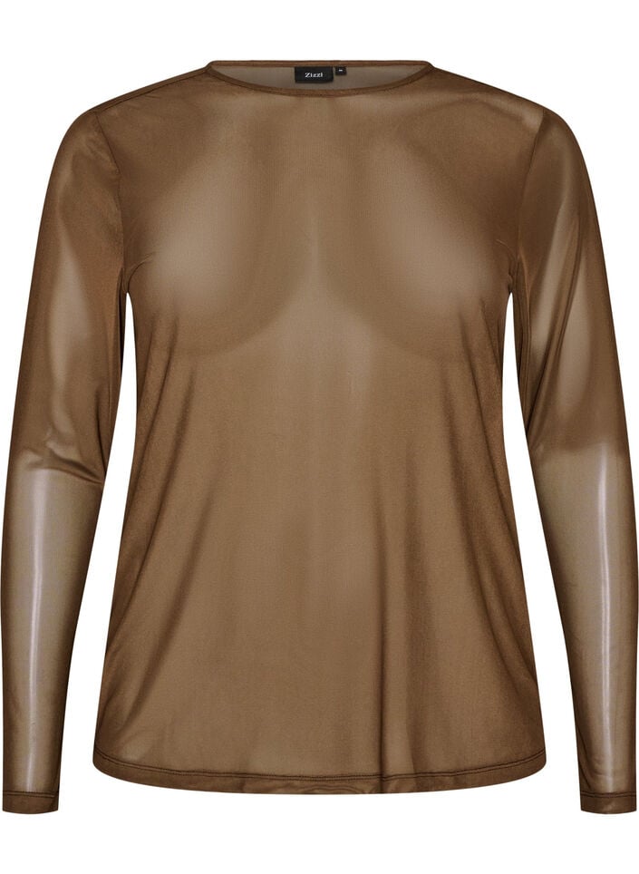 Bluse i mesh med lange ermer, Brun, Packshot image number 0