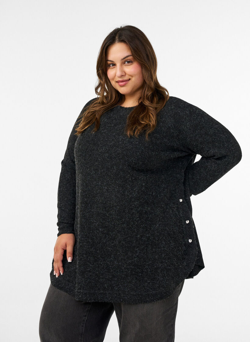 Lang strikkebluse med kuleknapper, Gr&aring;, Model image number 0