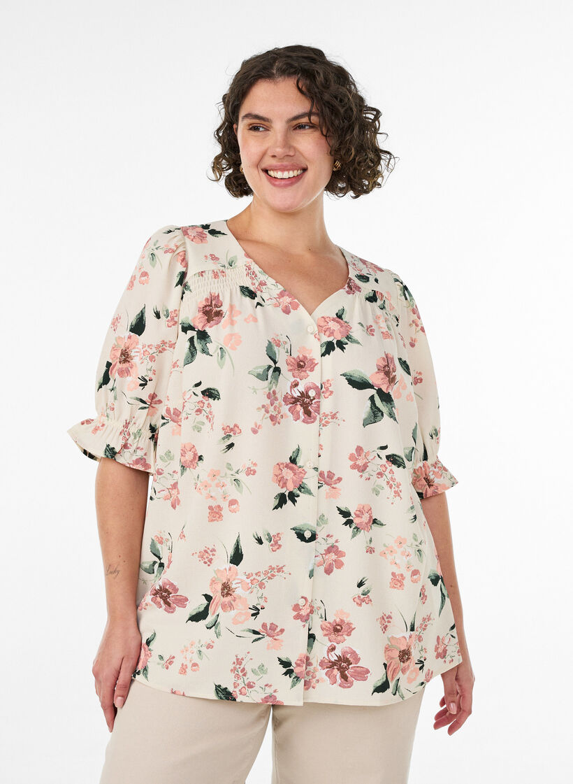 Skjortebluse med 1/2 ermer, Rosa, Model image number 0