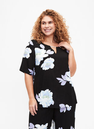 Short sleeve Viscose Bluse med utskrift, Black Big Flower AOP, Model image number 0