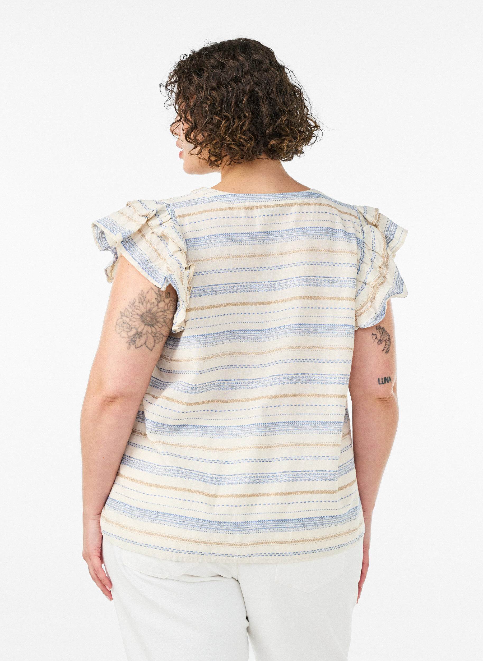 ZizziErmel&oslash;s bluse med volanger og m&oslash;nstrede striper, Vanilje, Model image number 2