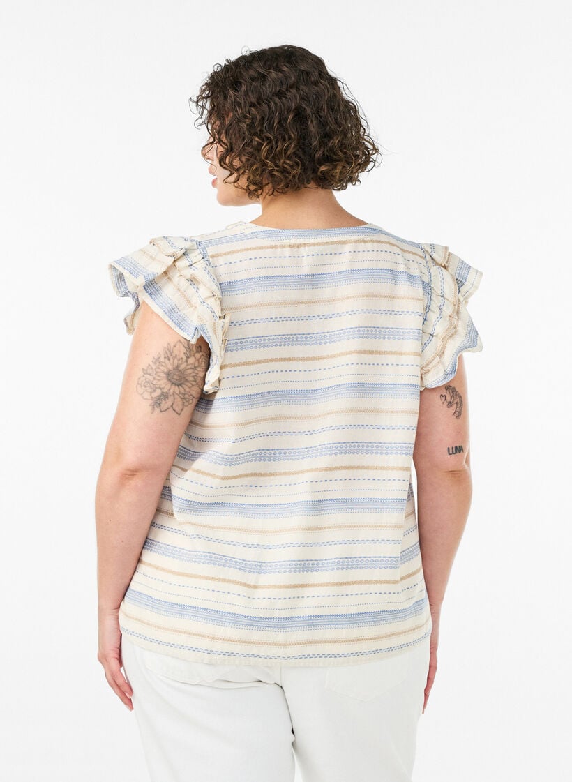 Ermel&oslash;s bluse med volanger og m&oslash;nstrede striper, Vanilje, Model image number 2