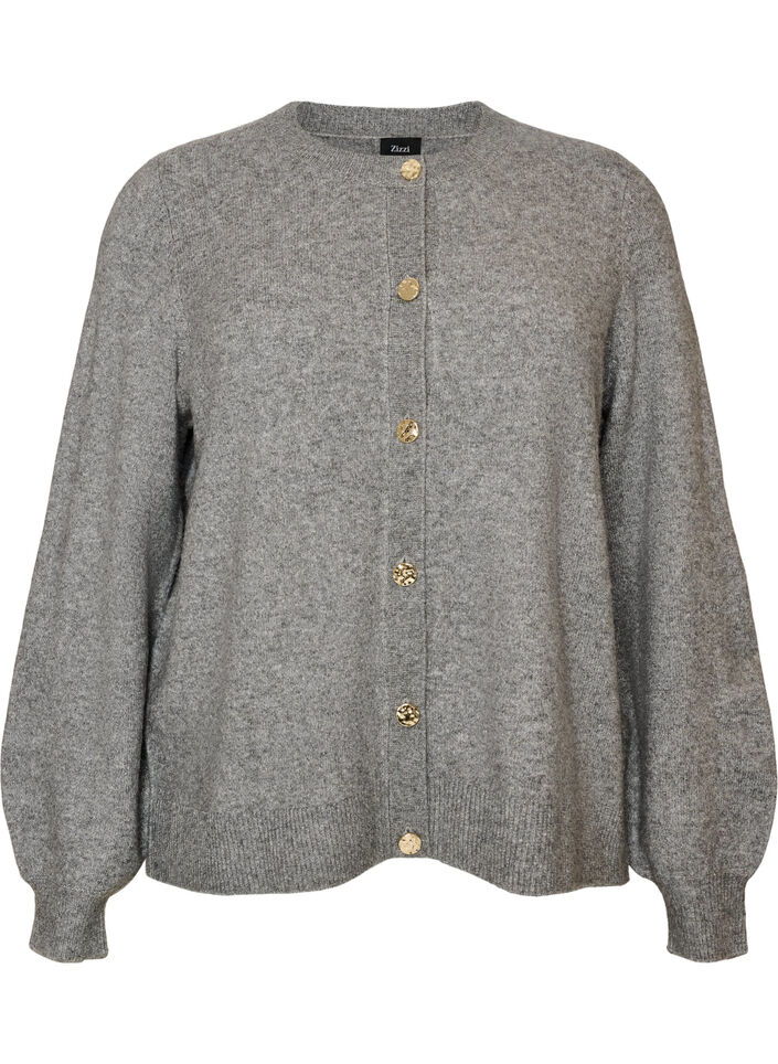 Cardigan i myk strikk med gullfargede knapper, Gr&aring;, Packshot image number 0