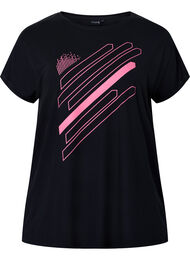Kortermet trenings T-skjorte med mønster, Black/Pink Print, Packshot