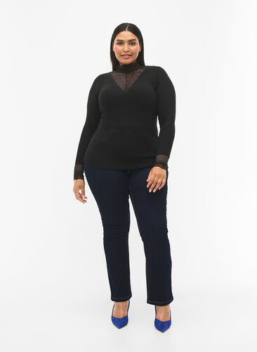 Ribbestrikket viskosebluse med blonder, Black, Model image number 2