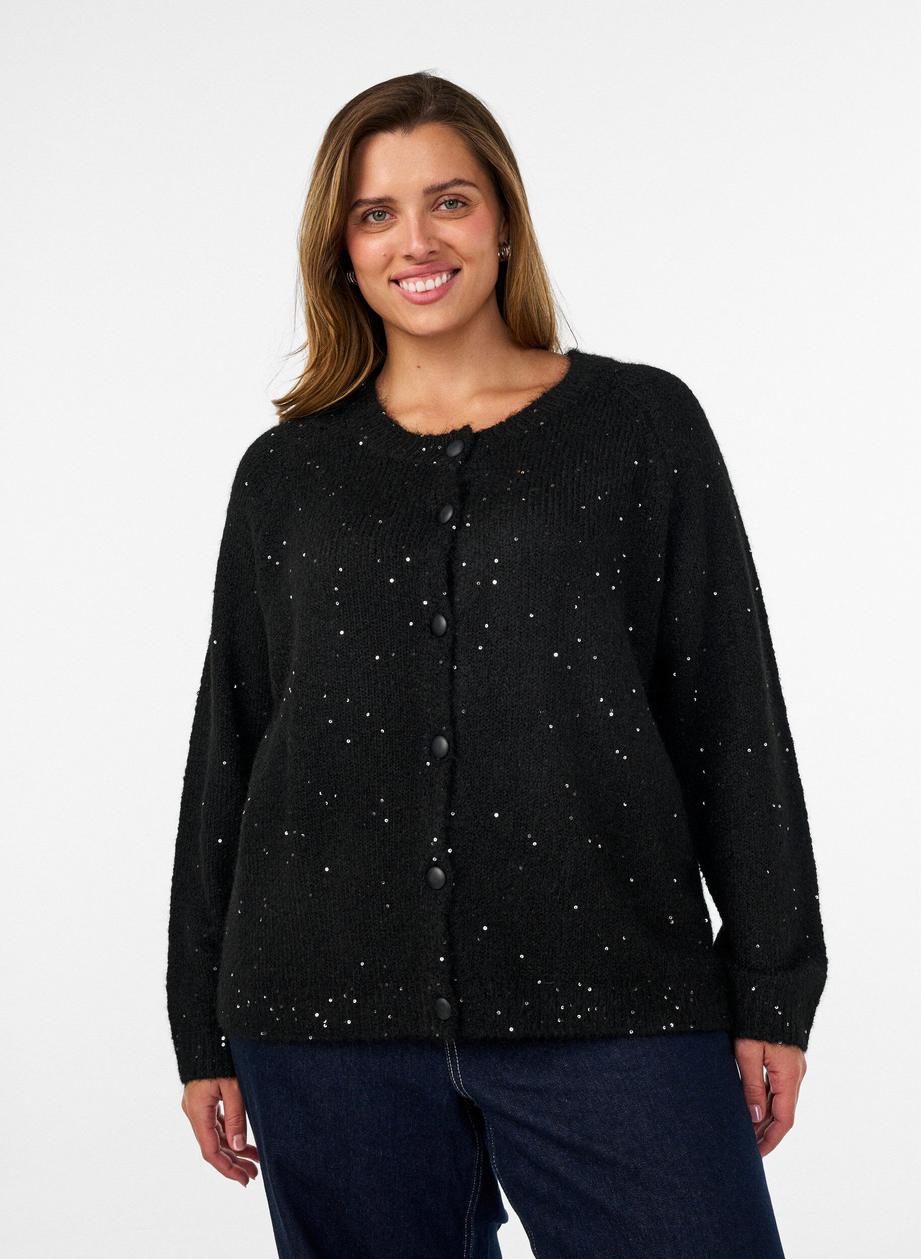 Cardigan med paljetter og knapper, Svart, Model