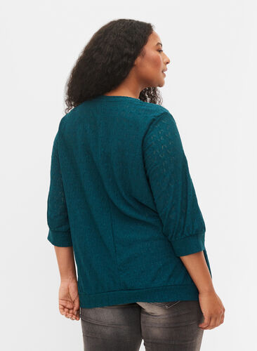 Bluse med 3/4-ermer og strukturmønster, Deep Teal, Model image number 1