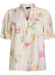 Bluse med blomstertrykk, rysjekrage og 1/2 ermer, Beige, Packshot image number 0