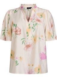 Bluse med blomstertrykk, rysjekrage og 1/2 ermer, Beige