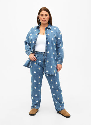 Zizzi Høy midje Gemma jeans med tusenfryd, Blå, Model image number 0