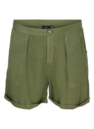 Løse shorts i lyocell med lommer, Kaki Green, Packshot image number 0