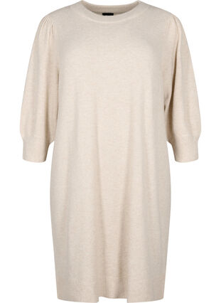 Strikket kjole med 3/4 puffermer, Pumice S./White Mel., Packshot image number 0