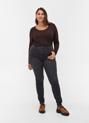 Amy jeans med høyt liv og nagler langs sidesømmene, Dark Grey Denim, Model image number 0