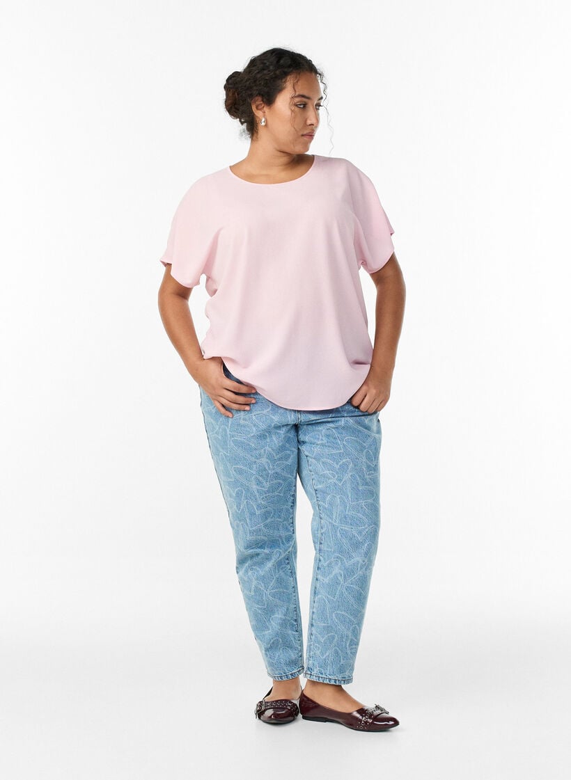 Bluse med korte ermer og rund hals, Rosa, Model image number 1
