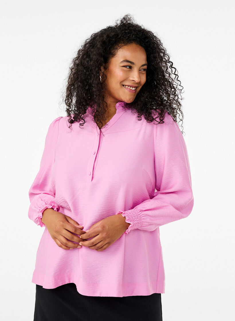 Bluse med volangkrage, Rosa, Model image number 0